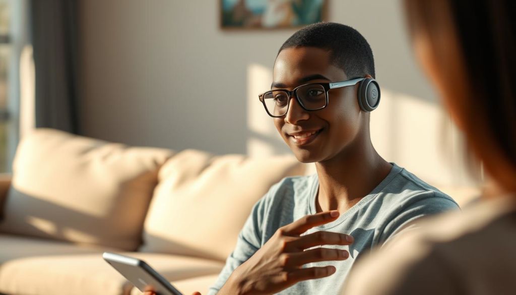 A detailed, photorealistic image of a virtual assistant conversing with a user on a WhatsApp mobile interface. The assistant appears as a friendly, helpful digital avatar, rendered with high fidelity. The interface features a clean, modern design with subtle gradients and soft shadows, creating a sense of depth and dimension. The scene is illuminated by warm, natural lighting, casting subtle highlights and shadows on the elements. The background is a slightly blurred, out-of-focus representation of a living room or home environment, suggesting the assistant's integration into everyday life. The overall mood is one of simplicity, ease, and the promise of a seamless, AI-powered future for mobile communication.