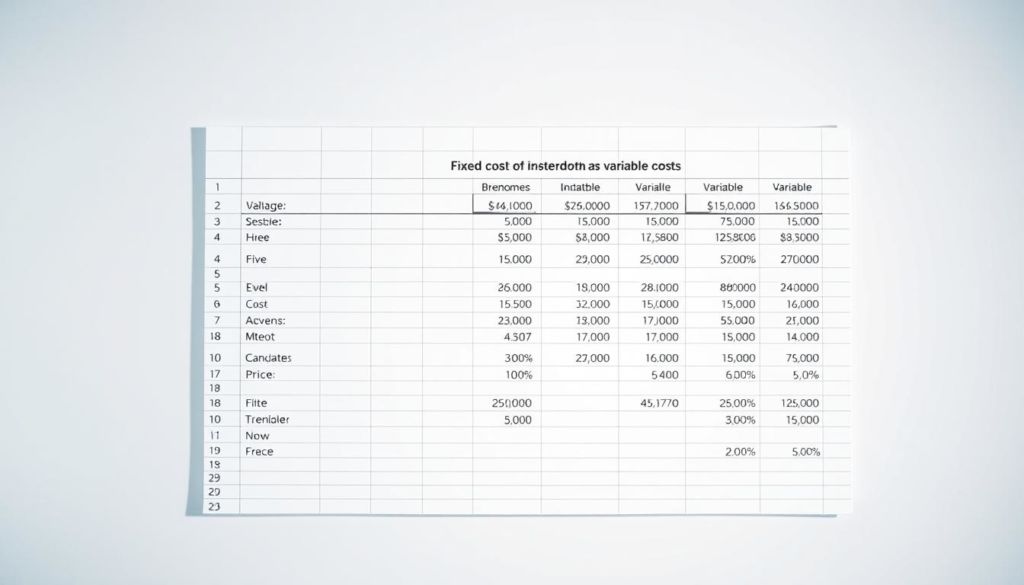 A detailed spreadsheet displaying the breakdown of fixed and variable costs for calculating the selling price, set against a clean, minimalist backdrop. The spreadsheet features neatly organized rows and columns, with clear labels and numerical values. The overall composition conveys a sense of precision, order, and financial analysis, with a neutral color palette and soft, diffused lighting to create a professional, informative atmosphere suitable for an article on calculating the break-even point.