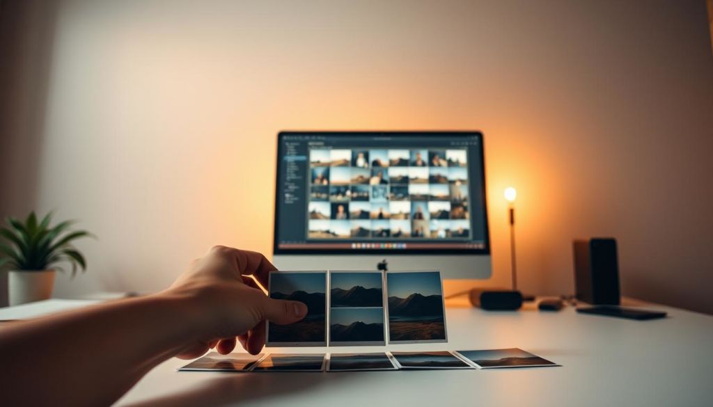 A detailed, step-by-step animation process depicting the creation of a GIF from individual image frames. The foreground showcases a hand meticulously arranging a sequence of photographs on a clean, minimalist workspace. In the middle ground, a computer screen displays the GIF assembly interface, with visual cues indicating the frames being combined. The background features a muted, neutral-toned environment, accentuating the focus on the artistic workflow. Warm, diffused lighting casts a gentle glow, creating a calm, contemplative atmosphere. The overall composition conveys a sense of creative focus and the satisfying process of transforming static images into a fluid, animated GIF.