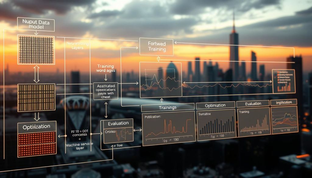 A detailed technical diagram of a machine learning model's construction process. The foreground shows the components of the model - input data, neural network layers, training and optimization algorithms. The middle ground depicts the model's training and evaluation, with charts and metrics visualizing its performance. The background features a futuristic cityscape, hinting at the real-world applications of the model. The scene is lit by a warm, subdued light, creating a contemplative, almost academic atmosphere. The angles and perspectives emphasize the complexity and rigor of the machine learning workflow.