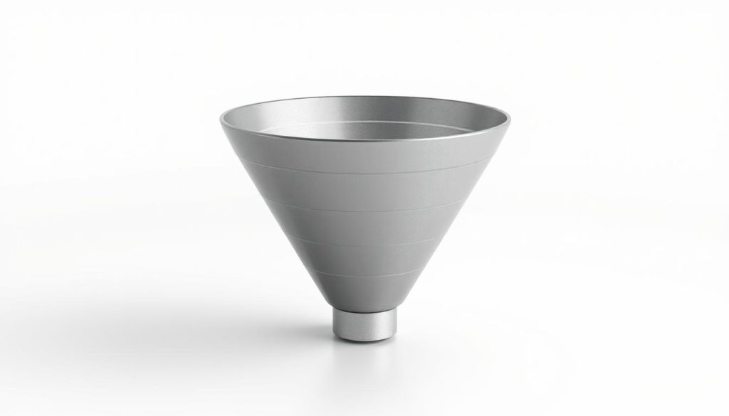 A detailed, three-dimensional sales funnel illustration set against a clean, minimalist background. The funnel is rendered with precise geometric forms, subtly textured surfaces, and a metallic or glass-like finish. Gentle lighting from above casts soft shadows, emphasizing the depth and contours of the shape. The funnel's tapered design, with distinct stages from top to bottom, conveys the visual metaphor of the sales process. The image radiates a sense of order, efficiency, and professional polish to match the subject of lead qualification and the sales pipeline.