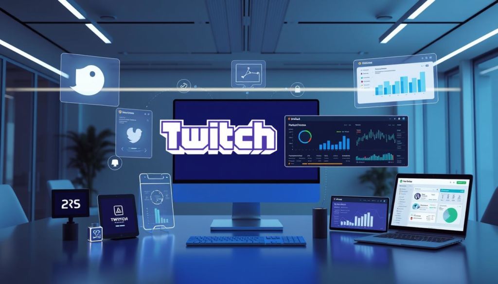 A digital artwork depicting the integration of Twitch ads with other digital platforms. Set in a modern, high-tech environment, the image shows a central computer monitor displaying a Twitch live stream, surrounded by various digital interfaces and devices representing other online platforms. The foreground features icons, logos, and UI elements hinting at the integration and cross-promotion between Twitch and complementary services. The middle ground showcases analytics dashboards, ad campaign management tools, and data visualizations, highlighting the optimization and performance tracking of the integrated advertising strategy. The background depicts a sleek, minimalist office setting with clean lines, subtle lighting, and a sense of technological sophistication. The overall mood is one of efficiency, synergy, and the seamless convergence of digital marketing channels.