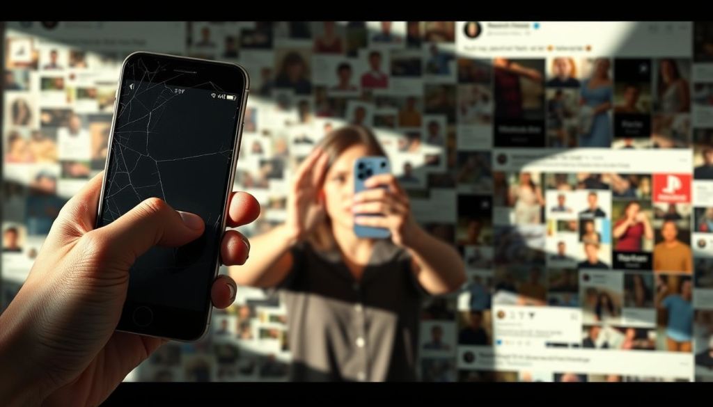 A digital collage depicting common social media mistakes. In the foreground, a hand holding a smartphone with a cracked screen, illustrating poor device maintenance. The middle ground shows a person taking a blurry selfie, highlighting the importance of image quality. In the background, an overflowing social media feed with irrelevant posts, signifying the need for curated content. The lighting is harsh, casting shadows on the scene, conveying a sense of digital clutter and disorganization. The overall mood is one of frustration and the need for more mindful social media habits.