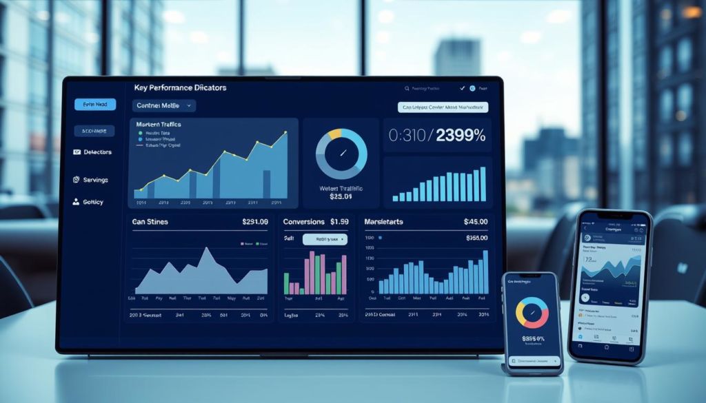 A digital dashboard displaying key performance indicators (KPIs) for a marketing campaign. The foreground features a sleek, minimal interface with graphs, charts, and data visualizations tracking metrics such as website traffic, lead generation, conversion rates, and return on investment. The middle ground shows the context of a modern office setting, with a laptop and mobile device displaying additional marketing analytics. The background has a softly blurred cityscape, conveying the scale and impact of the marketing efforts. The lighting is clean and crisp, with a cool color temperature that evokes a professional, data-driven atmosphere. The camera angle is slightly elevated, creating a sense of oversight and control over the marketing performance.