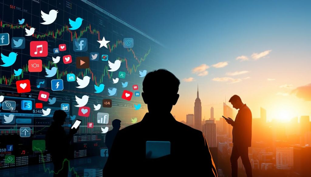 A digital landscape depicting the interplay between social media and financial markets. In the foreground, various social media platform icons float and interact against a backdrop of stock charts, graphs, and financial data visualizations. The middle ground features silhouetted figures engaged in online trading and financial discussions, their faces obscured by smartphone screens. In the distance, a cityscape of skyscrapers and financial institutions stands, bathed in a warm, golden light, symbolizing the fusion of technology and finance. The composition exudes a sense of connectivity, innovation, and the increasing influence of social media on the financial landscape. Captured with a wide-angle lens, the scene conveys a comprehensive, panoramic view of this evolving intersection.