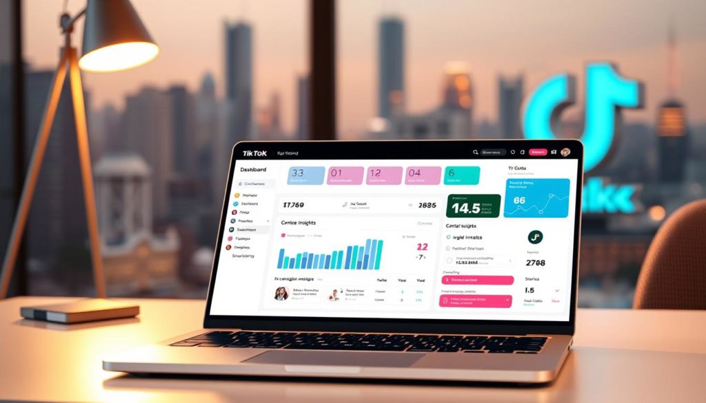 A digital marketing campaign dashboard for TikTok Ads 2, showcased on a modern laptop. The dashboard displays key metrics like ad performance, audience insights, and campaign optimization suggestions, with a sleek, minimalist UI and vibrant colors. The laptop is situated on a stylish desk, with subtle lighting from a floor lamp casting a warm glow. In the background, a blurred cityscape with skyscrapers and the signature TikTok logo creates a professional, technology-focused ambiance. The overall composition conveys efficiency, data-driven strategy, and the future of social media advertising.