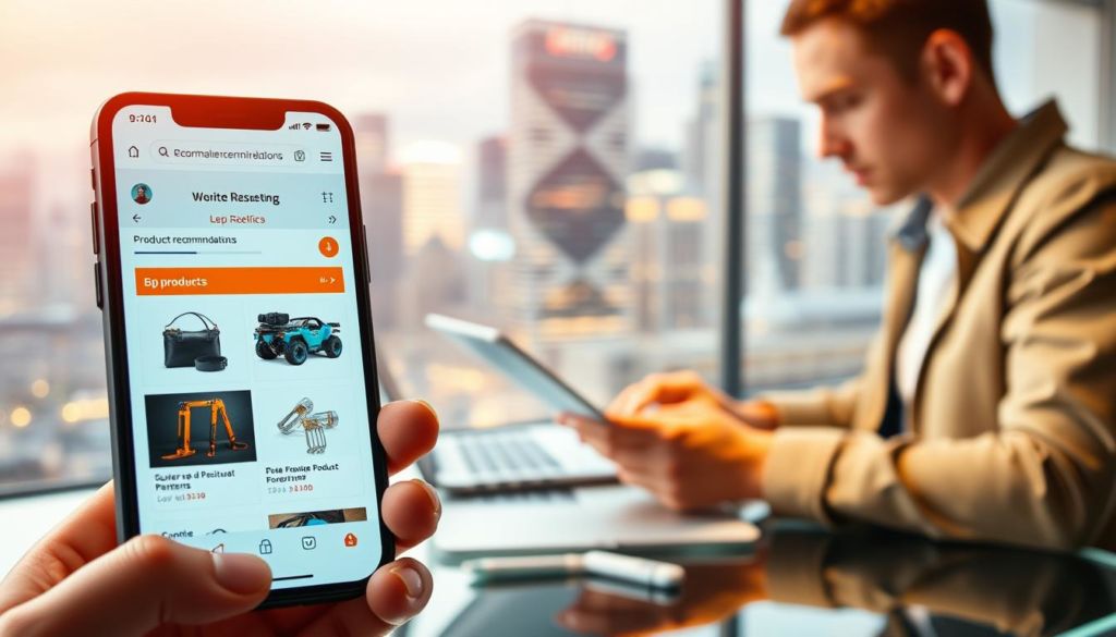 A digital marketing scene featuring cross-selling elements. In the foreground, a smartphone displays an e-commerce website with dynamic product recommendations. In the middle ground, a person using a laptop researches and compares products, considering cross-selling opportunities. The background depicts a vibrant cityscape with skyscrapers, conveying the fast-paced, technology-driven nature of modern digital marketing. The lighting is warm and inviting, with a soft focus effect to emphasize the digital elements. The composition is balanced, with the technology-driven aspects taking center stage while the cityscape provides a sense of context and scale.
