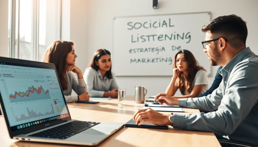 A digital marketing strategy meeting, with a group of professionals gathered around a table, intently discussing social listening techniques. The foreground features an open laptop displaying social media analytics, while a whiteboard in the background outlines the "social listening estrategia de marketing digital" concept in clear, concise language. The lighting is bright and natural, casting a warm, professional glow over the scene. The angles are slightly elevated, creating a sense of authority and expertise. The mood is one of focused collaboration, with the participants engaged in thoughtful discussion about optimizing their digital marketing approach through effective social listening practices.