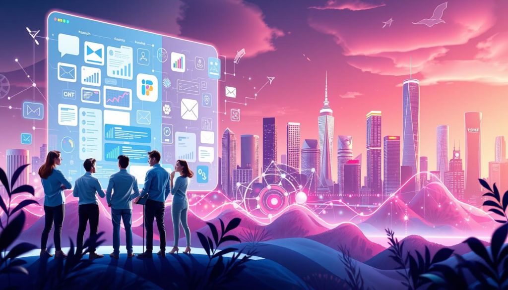 A digital marketing trends conceptual illustration featuring a dynamic digital landscape with modern technology elements. In the foreground, a group of diverse digital marketers collaborate on a large holographic display, strategizing and analyzing data. In the middle ground, a stylized representation of various digital marketing channels and platforms, such as social media, search engines, and email, converge and interact. In the background, a futuristic cityscape with skyscrapers and glowing neon accents sets the scene. The lighting is vibrant and futuristic, with a sense of energy and progression. The overall mood is one of innovation, technology, and the ever-evolving nature of digital marketing.