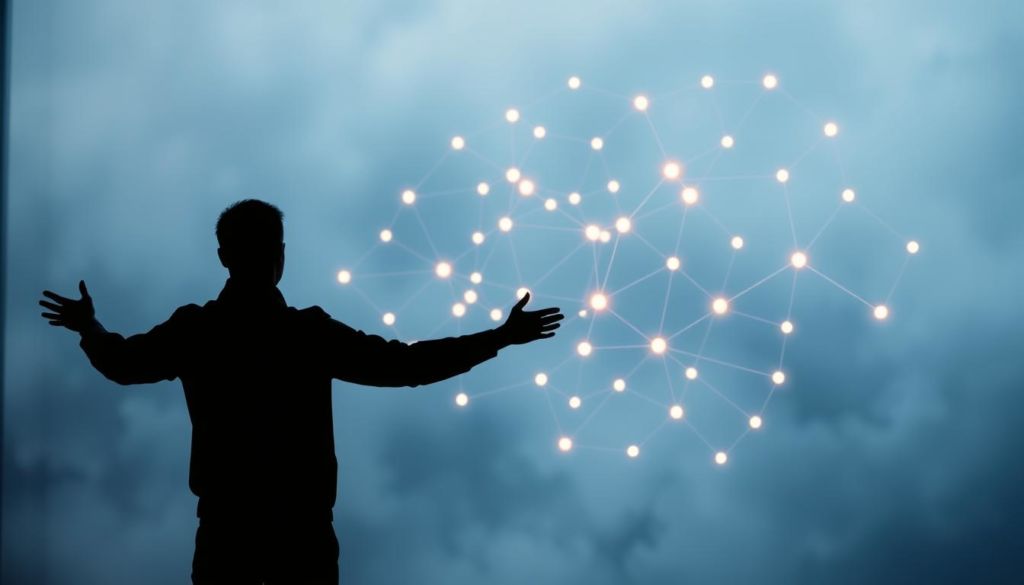 A digital network of interconnected nodes, each representing a social media connection, forms the focal point of the composition. The nodes pulse with a soft, warm glow, symbolizing the active exchange of information and ideas. In the foreground, a silhouetted figure stands, arms outstretched, connecting to the network, representing the individual's active participation in social selling. The background is hazy, with a subtle gradient of blues and grays, creating a sense of depth and emphasis on the central network. The lighting is soft and diffused, creating a contemplative, introspective atmosphere, inviting the viewer to reflect on the importance of networking and social connections in improving one's social selling index.