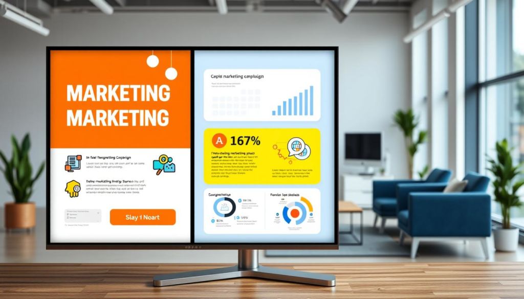 A digital screen displaying a well-designed marketing campaign with vibrant colors, dynamic graphics, and a clear message. The foreground features interactive elements like animated icons and buttons, drawing the viewer's attention. The middle ground showcases relevant data visualizations and infographics, providing valuable insights. The background depicts a modern, minimalist office setting with sleek furniture and natural lighting, creating a professional atmosphere. The overall mood is one of efficiency, innovation, and a commitment to staying up-to-date with the latest marketing trends and techniques.