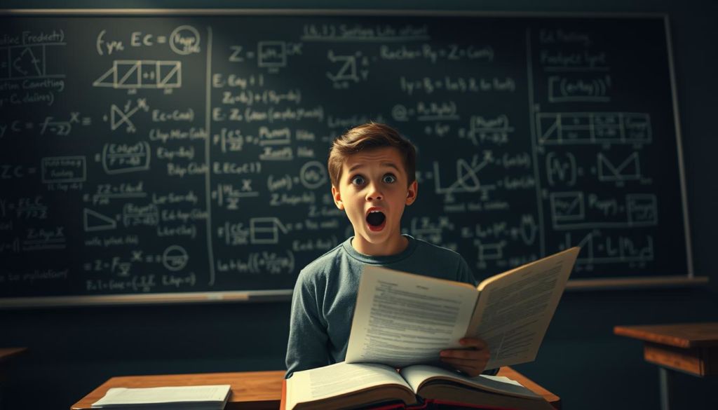 A dimly lit classroom setting, with a chalkboard filled with intricate equations and diagrams. In the foreground, a surprised student, their eyes wide and mouth agape, stands at their desk, holding an open textbook. The lighting is dramatic, casting deep shadows and highlighting the sense of sudden revelation. The atmosphere is one of enlightenment and intellectual discovery, as if the student has just uncovered a profound new understanding. The scene is captured with a cinematic, medium-wide angle lens, conveying a sense of immersion and emotional impact.