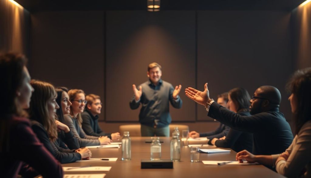 A dimly lit conference room, the atmosphere charged with anticipation. In the foreground, a confident leader stands at the head of the table, gesturing emphatically as they explain the importance of OKRs (Objectives and Key Results) to their team. The middle ground features the attentive faces of the employees, their expressions a mix of comprehension and excitement. The background subtly blurs, drawing the eye to the central figure, their leadership role clearly defined. The lighting is warm and focused, casting an authoritative glow around the leader, conveying the gravity and significance of the OKR discussion. The overall scene evokes a sense of purpose, collaboration, and the pivotal role of leadership in defining and driving effective OKRs.