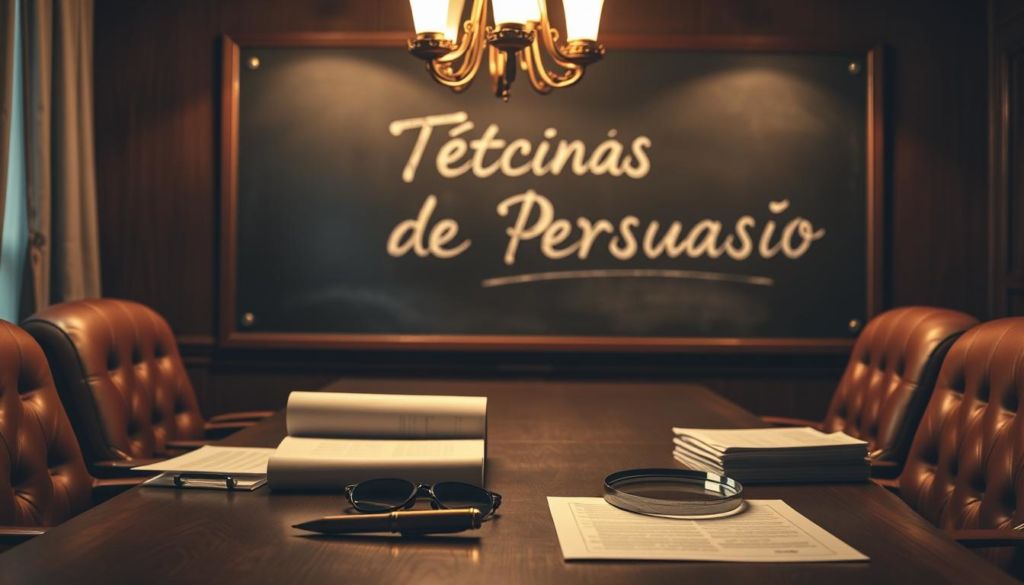 A dimly lit conference room with a wooden table and leather chairs. On the table, various negotiation tools are arranged - a pen, a contract, a magnifying glass, and a stack of documents. In the background, a chalkboard with the words "Técnicas de Persuasão" written in cursive chalk. Warm, golden lighting emanates from a large, antique lamp, casting a soft glow over the scene. The atmosphere is one of focused contemplation, where the art of persuasion is being carefully considered.