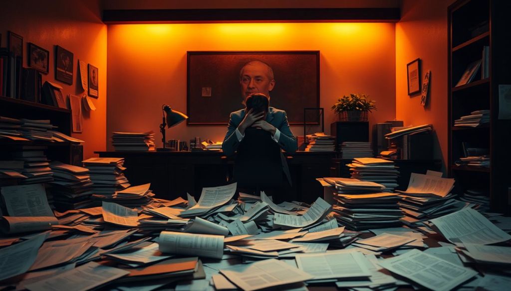 A dimly lit office, cluttered with scattered papers and outdated research materials. In the center, a frustrated business executive sits at a desk, head in hands, surrounded by the remnants of a failed market research endeavor. The room is cast in a warm, amber glow, creating a sense of melancholy and missed opportunities. Shadows creep across the walls, hinting at the missed insights and untapped potential that could have been unlocked with a more thorough market analysis. The atmosphere is one of regret and lost potential, a cautionary tale of the consequences of neglecting the critical first step in any successful marketing strategy.
