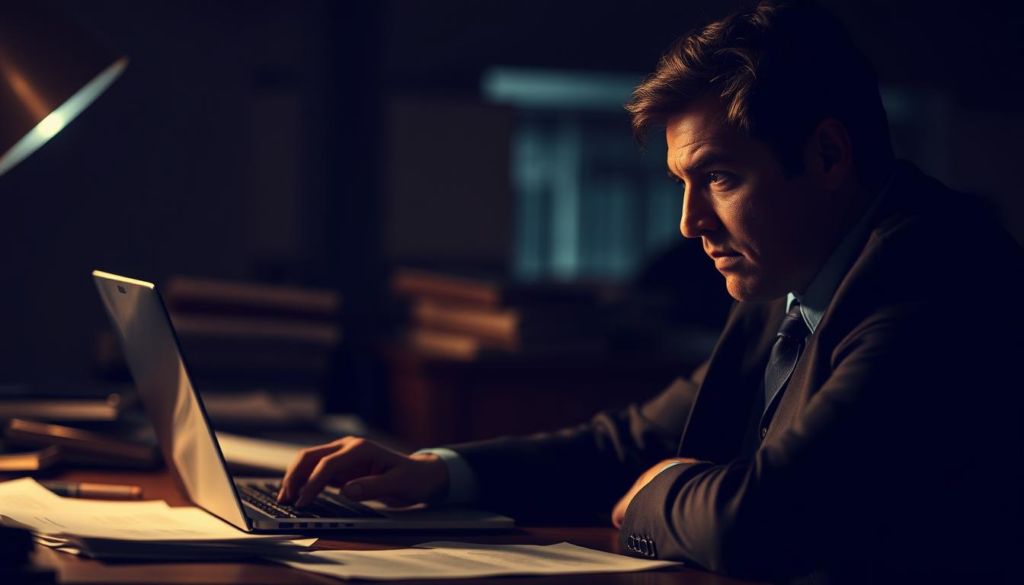 A dimly lit office desk, the surface cluttered with papers, a laptop, and a pensive business person sitting deep in thought. Hints of soft, warm lighting cast shadows that accentuate the furrowed brow and intense gaze, conveying a sense of contemplation and problem-solving. The background is slightly blurred, creating a focused, introspective atmosphere. The scene evokes a thoughtful, analytical mindset as the subject wrestles with challenging business questions or "perguntas de problema."