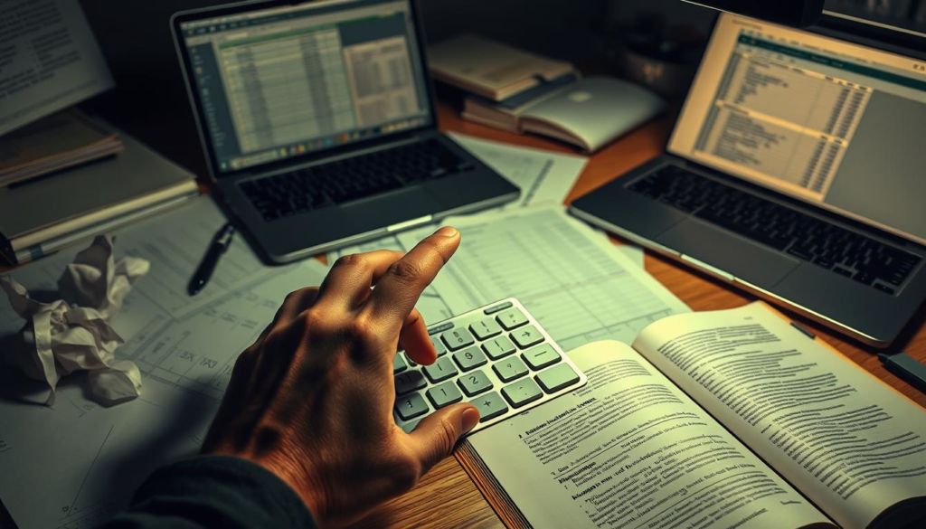 A dimly lit office desk, the surface scattered with Excel spreadsheets and a laptop. In the foreground, a hand hovers over the keyboard, contemplating the complex formula of a "IF" function. Surrounding the desk, subtle visual cues allude to common errors: a crumpled paper ball, a puzzled expression, a reference book opened to a dogeared page. Soft, warm lighting casts shadows that emphasize the concentration and focus required to navigate the intricacies of this Excel feature. The overall mood is one of problem-solving, with a touch of frustration and determination to master the "IF" function.