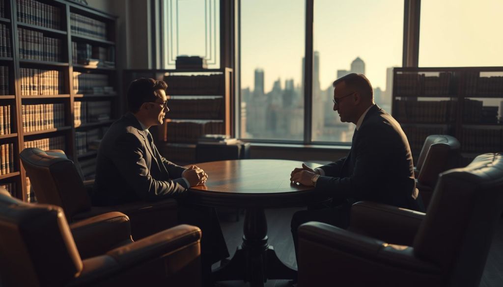 A dimly lit office room, with a central wooden negotiation table surrounded by comfortable leather chairs. The walls are adorned with bookshelves filled with legal tomes, casting warm shadows across the scene. Through the window, the city skyline is visible, hinting at the high-stakes business world beyond. Two figures, dressed in sharp suits, sit facing each other, engaged in an intense yet composed discussion, their body language reflecting the strategies and nuances of skilled negotiation. The lighting is soft and purposeful, creating an air of professionalism and gravitas. The overall atmosphere conveys the serious, intellectual nature of the negotiation process for experienced legal professionals.