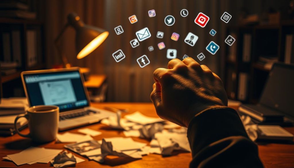 A dimly lit office scene with a laptop, coffee mug, and crumpled papers strewn across a messy desk. In the foreground, a frustrated person's hand is grasping their head, symbolizing the common mistakes and errors made when crafting an Instagram bio. The middle ground features various social media icons and symbols floating around the desk, hinting at the importance of a well-curated online presence. The background is blurred, emphasizing the focus on the problematic elements of the bio-creation process. Warm, cinematic lighting casts dramatic shadows, conveying the serious nature of this common issue faced by many Instagram users.