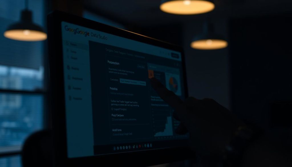 A dimly lit office setting, showcasing a modern desktop computer screen displaying the Google Data Studio interface. The screen is the focal point, with a close-up view highlighting the various parameters and configuration options available to the user. The background is blurred, creating a sense of depth and emphasis on the screen's content. The lighting is subtle, casting a warm, focused glow on the screen, creating a contemplative and analytical atmosphere. The overall composition conveys the idea of carefully adjusting and fine-tuning the parameters within the Google Data Studio platform.