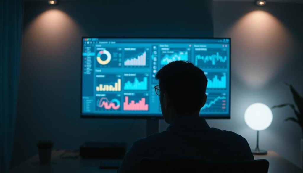 A dimly lit office setting, with a large computer monitor displaying a dashboard of statistical charts and graphs. In the foreground, a business professional intently reviewing the data, their face illuminated by the screen's glow. The room is adorned with minimalist, modern decor, creating a sense of focus and analytical rigor. Soft, directional lighting casts subtle shadows, emphasizing the concentration and importance of the moment. The overall atmosphere conveys a thoughtful, data-driven approach to evaluating the success of a marketing strategy.