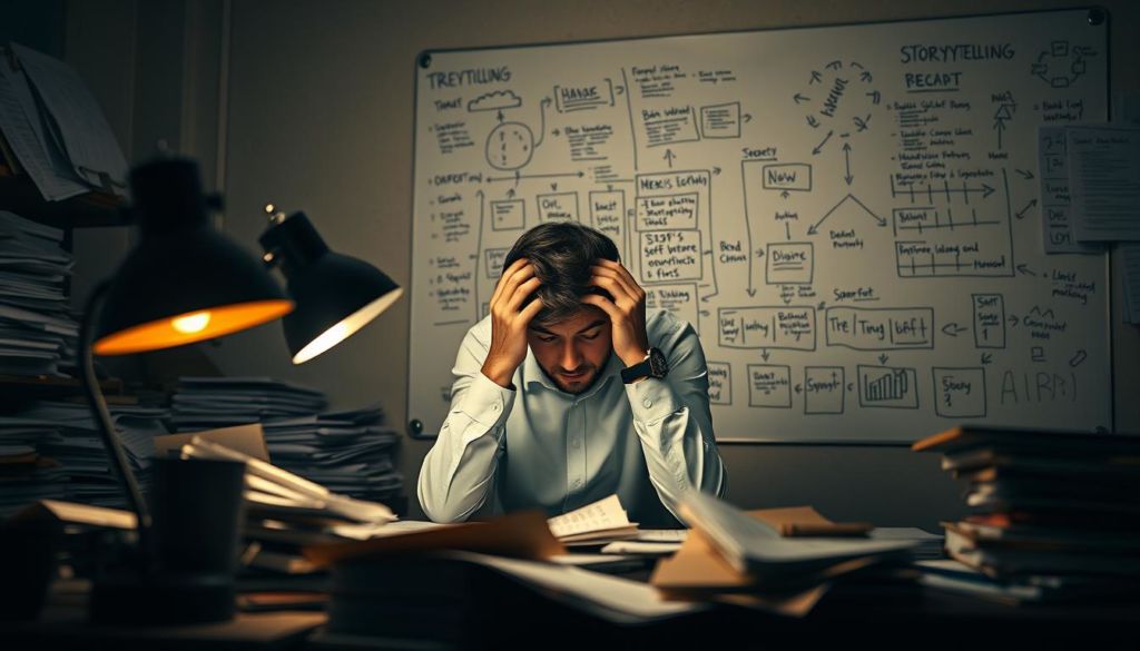 A dimly lit office space, cluttered with papers and half-finished projects. In the foreground, a desk lamp casts a warm, moody glow, illuminating the chaos that surrounds it. The middle ground features a troubled-looking person, head in hands, grappling with the challenges of storytelling. In the background, a large whiteboard is covered in scribbled ideas, arrows, and hastily drawn diagrams, reflecting the complexities and pitfalls of effective brand storytelling. The overall atmosphere is one of frustration, uncertainty, and the need for a clear, strategic approach to master the art of storytelling.