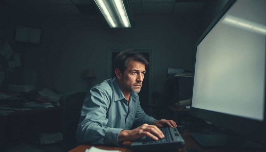 A dimly lit office space, cluttered with scattered papers and crumpled documents. In the foreground, a weary entrepreneur stares at a computer screen, fingers hovering over a keyboard. The background is shrouded in the shadows of uncertainty, conveying the challenges and risks associated with crowdfunding. Harsh fluorescent lighting casts long shadows, creating a sense of unease and pressure. The scene is punctuated by the faint glow of the monitor, hinting at the potential pitfalls of relying on the generosity of strangers. The overall mood is one of frustration, exhaustion, and the realization that crowdfunding may not be the panacea for all financial woes.