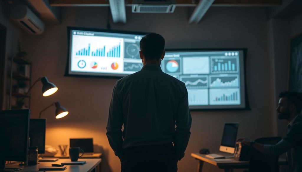 A dimly lit office space, the air thick with the scent of fresh coffee and the hum of a desktop computer. In the center, a businessman stands, his gaze fixed on a projection screen displaying a series of charts and graphs - the tangible results of his team's hard work. Soft, directional lighting casts subtle shadows, emphasizing the concentration on his face as he analyzes the data, searching for insights to drive the next phase of his sales strategy. The background is a warm, neutral palette, allowing the subject and the information he scrutinizes to take center stage, a testament to the importance of measurement in achieving sales success.