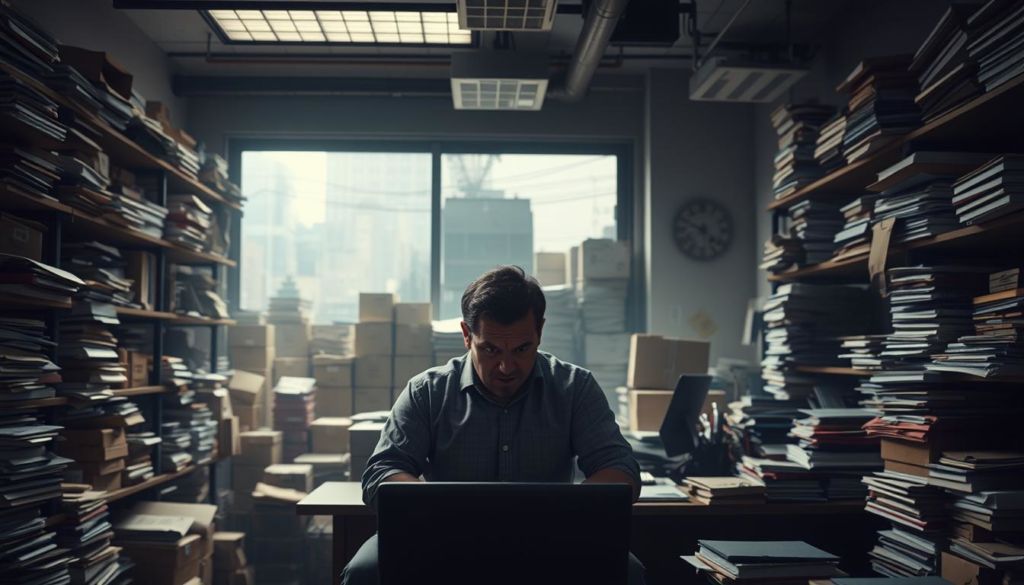 A dimly lit office space, the walls adorned with cluttered shelves and piles of documents. In the foreground, a frazzled business owner sits at a cluttered desk, overwhelmed by the complexities of managing a marketplace. The middle ground reveals a maze of shipping boxes and logistical nightmares, while the background is shrouded in a hazy uncertainty, symbolizing the hidden challenges of operating within a marketplace ecosystem. The scene conveys a sense of frustration, loss of control, and the weight of administrative burdens that can often come with utilizing a marketplace platform.