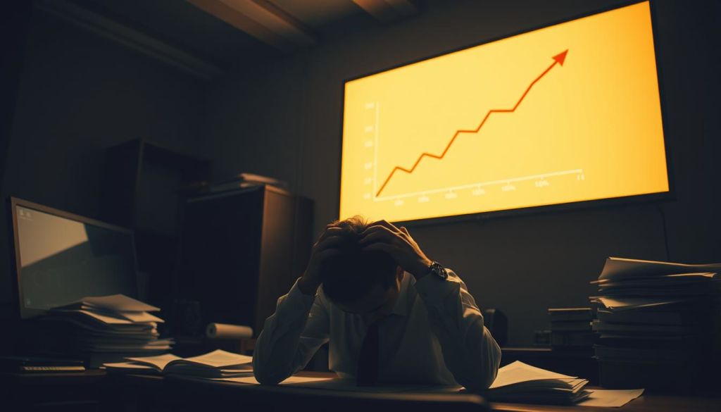 A dimly lit office space, with an illuminated computer screen casting an eerie glow across the room. On the screen, a graph depicting rising costs and diminishing returns, symbolizing the disadvantages of the Cost-Per-Click (CPC) advertising model. In the foreground, a frustrated executive, head in hands, surrounded by a cluttered desk and piles of documents, conveying the financial and operational challenges of this marketing strategy. The atmosphere is tense, with a sense of uncertainty and waning enthusiasm. The lighting is dramatic, creating deep shadows and highlighting the dismal mood. The overall scene evokes a feeling of disappointment and the need for a better solution.