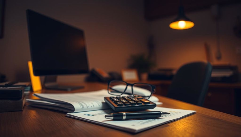 A dimly lit office with a wooden desk, a modern desktop computer, and a pair of reading glasses resting on a stack of financial documents. In the foreground, a calculator and a pen hover above a notepad, as if in the midst of a pricing calculation. Warm, muted lighting casts a pensive, analytical atmosphere, emphasizing the thoughtful process of determining product prices. The background is out of focus, hinting at the larger context of the "Guia Prático de Precificação de Produtos" and the "Metodologias de Cálculo de Preço" section. The overall composition conveys a sense of deep concentration and careful consideration in the pricing process.