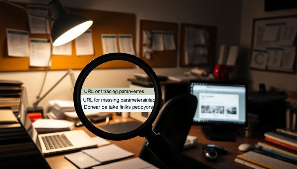 A dimly lit office workspace with a cluttered desk featuring a laptop, documents, and various office supplies. The foreground showcases a magnifying glass examining a URL displayed on a smartphone screen, highlighting common errors such as missing tracking parameters, misspelled domain names, and broken links. The middle ground features a desktop computer with a web browser open, displaying a webpage with validation warnings. The background depicts a wall with a corkboard displaying printouts of web analytics data, underscoring the importance of creating effective trackable URLs for marketing campaigns.