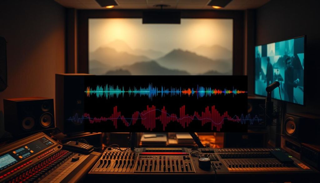 A dimly lit recording studio, with various audio equipment like mixing consoles, speakers, and microphones prominently displayed in the foreground. In the middle ground, different musical genres are represented through dynamic visualizations of audio waveforms, each with its own distinct patterns and colors. The background features a blurred, atmospheric landscape, suggesting the diverse musical landscapes these audio effects can enhance. The lighting is warm and moody, creating a contemplative and immersive atmosphere. The overall composition conveys the multifaceted nature of audio effects and their ability to shape the character of different musical styles.