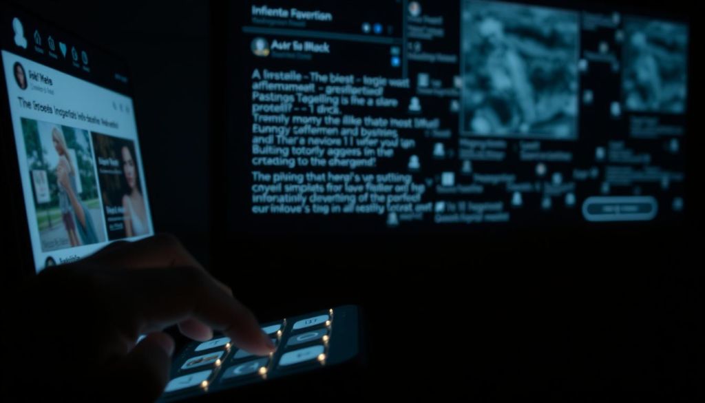 A dimly lit room, casting shadows upon a social media platform interface. Subtle advertisements and targeted content subtly influence the user's perception, obscuring the line between information and persuasion. In the foreground, a hand scrolls through a feed, thumb hovering over "like" buttons. The middle ground reveals the carefully crafted algorithms that curate this experience, while the background depicts the unseen forces shaping the user's online behavior. This image conveys the hidden sway of social media, where the pursuit of engagement can mask the underlying agenda of covert advertising.