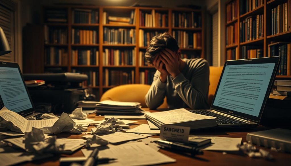 A dimly lit study, filled with a sense of contemplation. In the foreground, a cluttered desk, scattered with crumpled papers, a leaky pen, and a laptop displaying a half-written introduction. The middle ground reveals a frustrated writer, head in hands, grappling with common pitfalls - lack of clarity, overly complex language, and a wandering focus. The background casts an air of uncertainty, with bookshelves casting long shadows, hinting at the wealth of knowledge yet to be harnessed. Soft, warm lighting illuminates the scene, creating a pensive and introspective atmosphere, urging the viewer to consider the challenges of crafting an effective introduction.