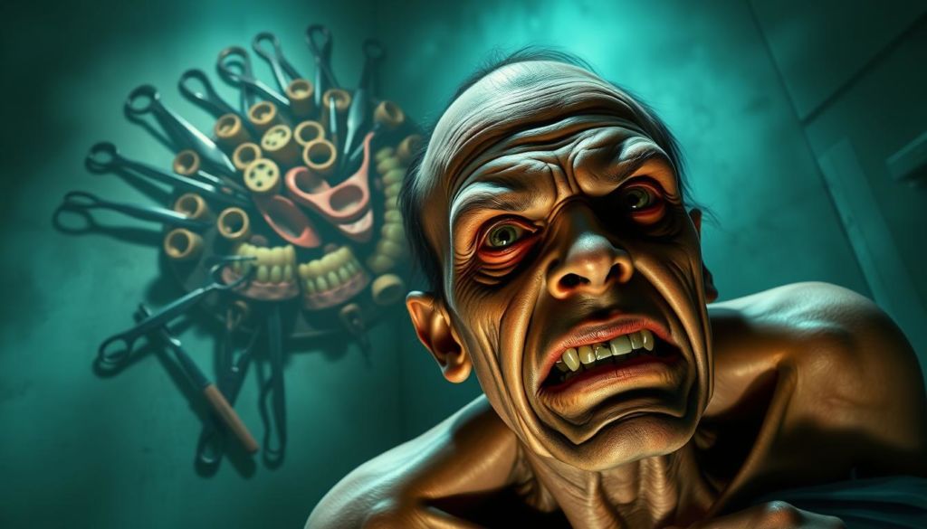 A disquieting medical illustration depicting potential side effects of the Ideal Odonto dental treatment. In the foreground, a distorted, gaunt patient's face with sunken eyes and a grimacing expression, conveying unease. The middle ground shows a disconnected, abstract array of dental implements - drills, forceps, and other tools, hinting at the invasive nature of the procedures. In the background, a hazy, unsettling medical setting with a palette of sickly greens and grays, evoking a sense of clinical sterility and discomfort. Dramatic low-angle lighting casts dramatic shadows, heightening the sense of tension and trepidation. The overall mood is one of unease, caution, and the potential risks associated with the Ideal Odonto treatment.
