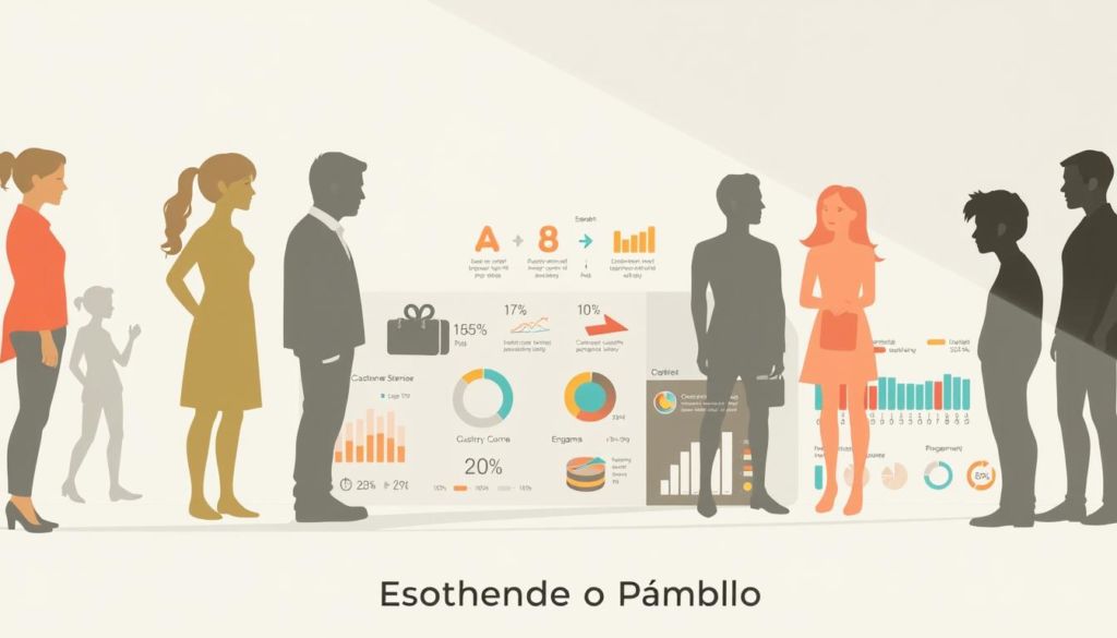 A diverse group of customers segmented by demographic, psychographic, and behavioral data, portrayed in a clean, minimalist style. The foreground features stylized silhouettes representing different customer profiles, each with a distinct color scheme and design aesthetic. The middle ground showcases infographic-style visualizations of customer segmentation metrics, such as customer lifetime value, purchase history, and engagement levels. The background is a soft, neutral gradient, allowing the customer segments to take center stage. Bright, natural lighting casts subtle shadows, creating depth and dimensionality. The overall mood is one of clarity, organization, and data-driven insights, reflecting the "Escolhendo o Público Alvo" section of the article.