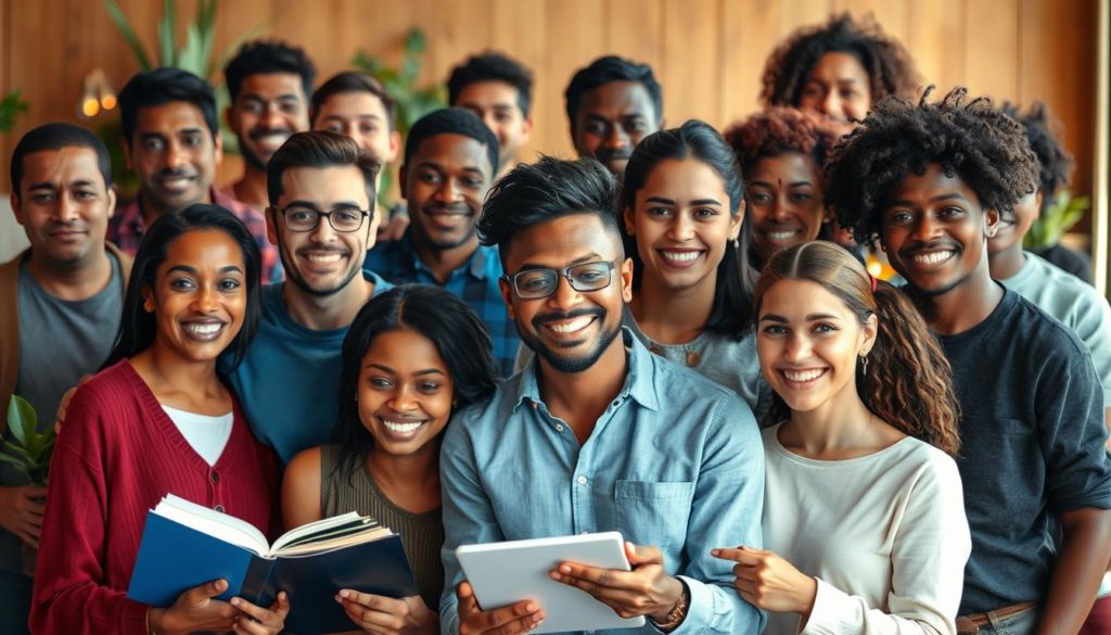 A diverse group of individuals, representing the target audience, engaged in various activities that capture their interests and lifestyles. The foreground features a mix of ages, genders, and ethnicities, showcasing their unique personalities and expressions. The middle ground includes elements that reflect their hobbies, such as reading, sports, or technology. The background provides a vibrant, yet serene setting, with warm lighting and a sense of community, highlighting the relatable and aspirational nature of the target audience.