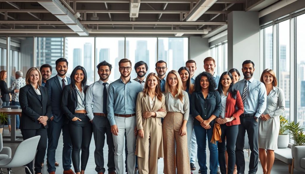 A diverse group of people from different demographics, representing a market segmentation, stand together in a well-lit office setting. The foreground features an array of individuals of varying ages, ethnicities, and professions, each with a distinctive persona. The middle ground showcases modern office furniture and decor, hinting at the corporate context. The background displays large windows overlooking a cityscape, providing a sense of scale and urban sophistication. The overall atmosphere conveys the importance of understanding and targeting specific customer segments to optimize marketing strategies and business growth.