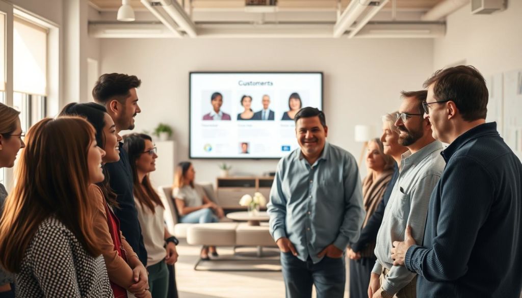 A diverse group of people, representing a cross-section of a target audience, gathered in a minimalist office setting. The scene is bathed in warm, natural lighting, with soft shadows and a sense of depth. In the foreground, a mix of professionals, millennials, and seniors engage in conversation, their expressions attentive and enthusiastic. In the middle ground, a large screen displays customer personas, highlighting their unique characteristics and needs. The background features clean, geometric furniture and decor, suggesting a modern, technology-focused environment. The overall atmosphere conveys a sense of collaboration, understanding, and a deep commitment to catering to the specific needs of the target audience.
