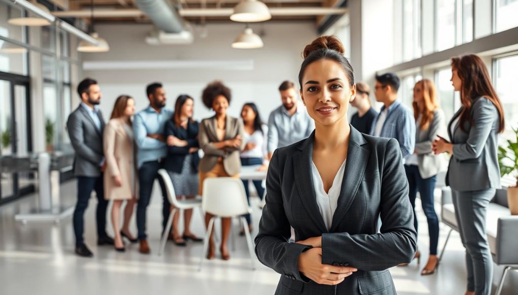 A diverse group of people representing the target audience, standing in a well-lit, modern office setting. The foreground features a professional-looking woman in business attire, standing confidently and making eye contact. The middle ground shows a mix of men and women of various ages, ethnicities, and backgrounds, engaged in lively discussion around a conference table. The background depicts an open-concept workspace with sleek furniture, large windows, and geometric architectural elements. The overall mood is one of dynamism, collaboration, and a sense of shared purpose.