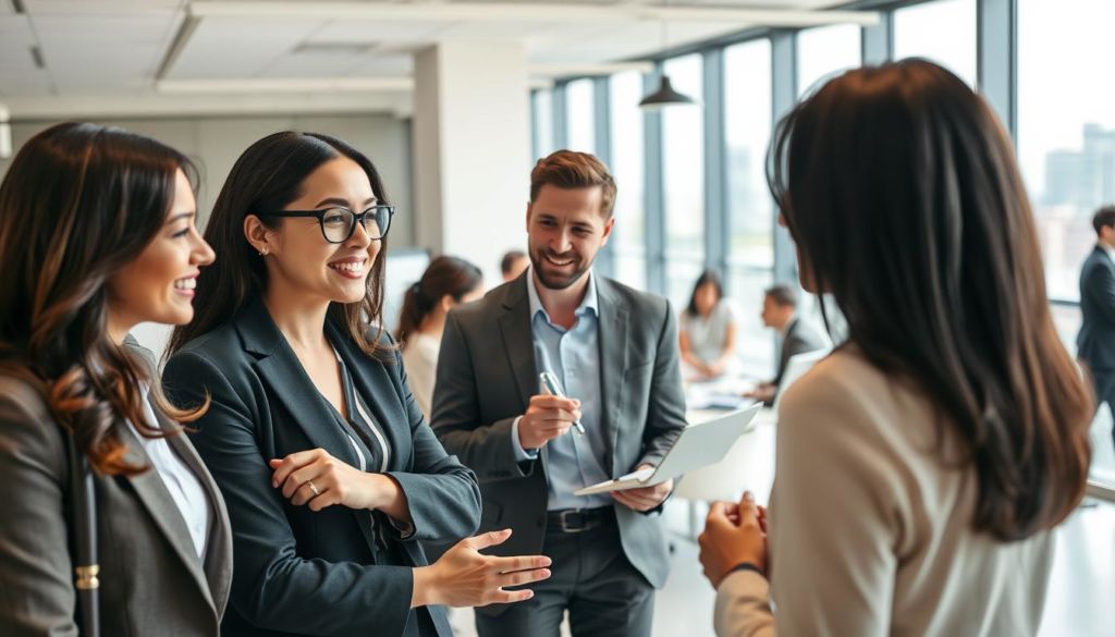 A diverse group of professional-looking individuals in a modern office setting, including a mix of ages, genders, and ethnicities. The foreground features three personas in business attire engaged in a collaborative discussion, their expressions conveying enthusiasm and focus. The middle ground showcases a larger team meeting, with individuals taking notes and gesturing animatedly. The background depicts a well-lit, open-concept workspace with minimalist decor and large windows overlooking a cityscape. The overall atmosphere is one of productive, dynamic teamwork in a sleek, contemporary environment.