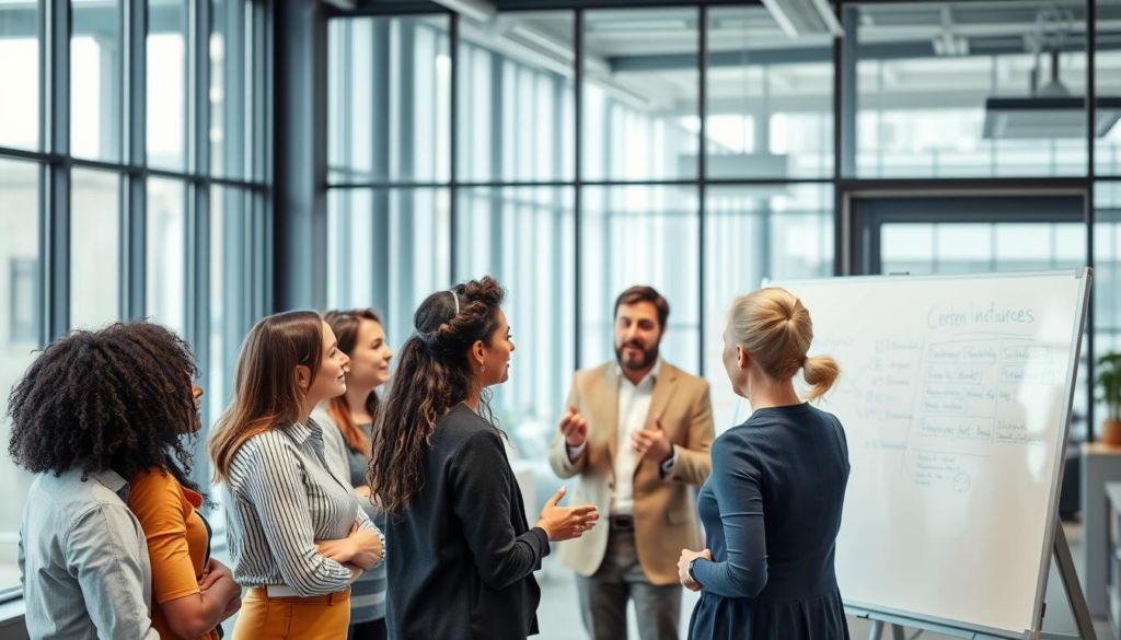 A diverse team of professionals gathered in a modern, well-lit office space, engaged in a collaborative discussion on human resources consulting and diversity programs. In the foreground, a group of employees, representing different ethnicities, genders, and ages, brainstorm ideas on a large whiteboard. In the middle ground, a team leader guides the discussion, their body language conveying empathy and inclusion. The background features floor-to-ceiling windows, allowing natural light to flood the room and creating a sense of openness and transparency. The overall atmosphere is one of thoughtful engagement, progressive thinking, and a commitment to fostering a diverse and inclusive workplace.