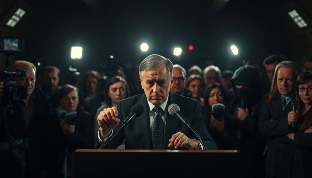 A dramatic scene of a crisis press conference, with a news team gathered around a podium against a backdrop of flashing cameras and concerned expressions. The scene is bathed in a somber, high-contrast lighting, creating a tense, high-stakes atmosphere. The foreground features the spokesperson, hands gripping the podium, their face etched with worry as they address the journalists. The middle ground shows a sea of reporters, microphones in hand, scrutinizing the speaker. In the background, blurred figures of worried onlookers and the shadowy silhouettes of security personnel create a sense of unease and urgency. The overall composition conveys the gravity and pressure of navigating a public relations crisis.
