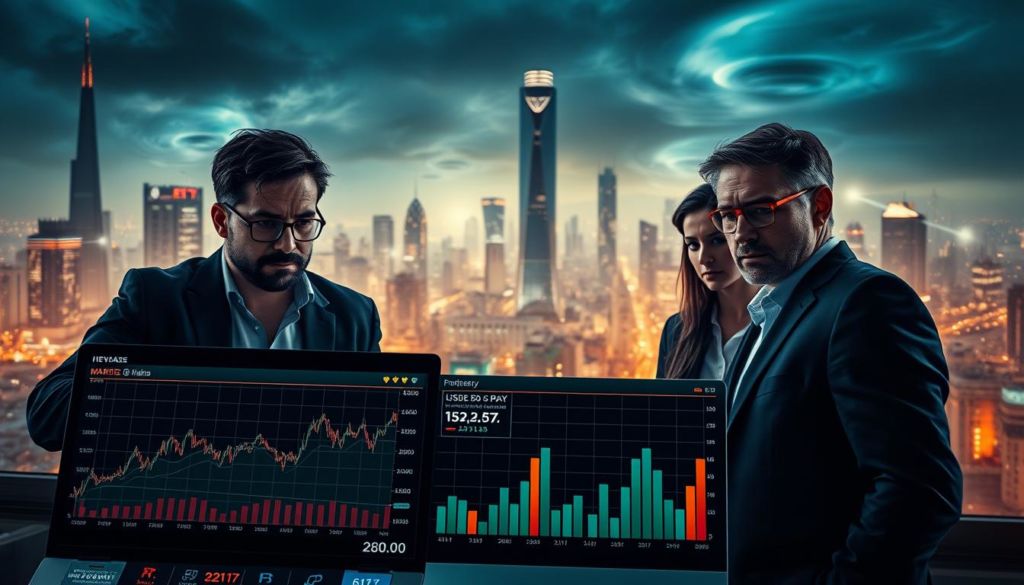 A dynamic and data-driven business environment, set against a backdrop of rapidly shifting market forces. In the foreground, a dashboard displays a series of key performance indicators (KPIs), their metrics reflecting the volatility of the current landscape. The middle ground features a team of analysts, their expressions intense as they scrutinize the data, seeking to identify trends and make strategic decisions. In the background, a cityscape pulses with energy, the skyscrapers and infrastructure symbolizing the complex, ever-changing nature of the modern business world. Dramatic lighting casts sharp shadows, underscoring the sense of urgency and the high-stakes nature of the task at hand. An atmosphere of tension and anticipation pervades the scene, capturing the essence of "KPIs em ambientes de alta volatilidade".