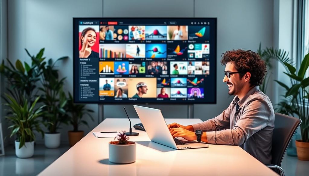 A dynamic and engaging image showcasing "Conteúdo de Qualidade" as the key to marketing success. In the foreground, an enthusiastic content creator sits at a sleek desk, passionately typing on a modern laptop. Vibrant colors and clean lines create an energetic, professional atmosphere. Behind them, a large display screen depicts an array of engaging digital content - from informative infographics to captivating video thumbnails. The background features a minimalist office space, filled with flourishing plants and natural light, evoking a sense of productivity and growth. The overall scene conveys the power of high-quality, visually striking content to drive marketing success in the digital age.