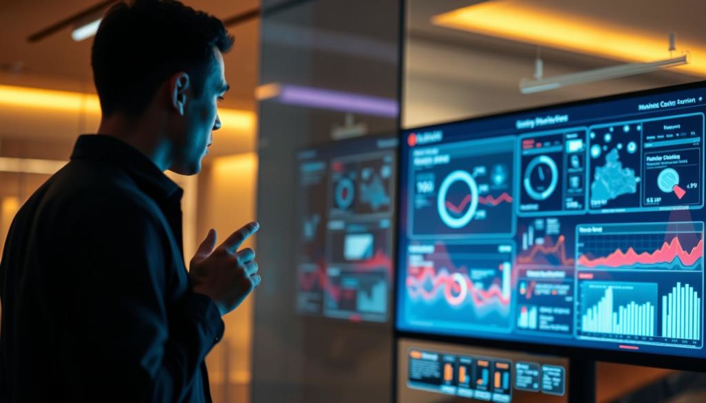 A dynamic and immersive client experience, showcasing a seamless interaction between a customer and a vibrant digital interface. The foreground depicts a human figure, poised with a sense of engagement, navigating through an array of modern, minimalist UI elements. The middle ground features a sleek, high-resolution display, showcasing intuitive data visualizations and interactive touchpoints. The background transitions into a softly blurred, ethereal space, evoking a sense of technological fluidity and forward-thinking design. Warm, diffused lighting casts a subtle, ambient glow, creating a captivating and inviting atmosphere. Captured with a wide-angle lens, the composition emphasizes the harmonious fusion of human and machine, reflecting the essence of a memorable customer experience.