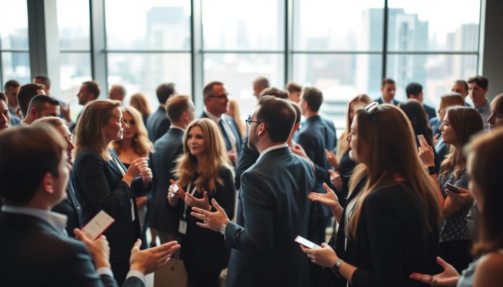A dynamic and vibrant networking event, with people engaged in animated conversations, exchanging business cards, and building valuable connections. The foreground features a diverse group of professionals, dressed in polished attire, gesturing expressively and immersed in meaningful discussions. The middle ground showcases a lively venue, with a modern, minimalist design and ample natural lighting streaming in through large windows. In the background, a blurred cityscape provides a sophisticated urban backdrop, underscoring the importance of this networking event in the broader business landscape. The overall atmosphere exudes a sense of energy, opportunity, and the power of interpersonal connections.