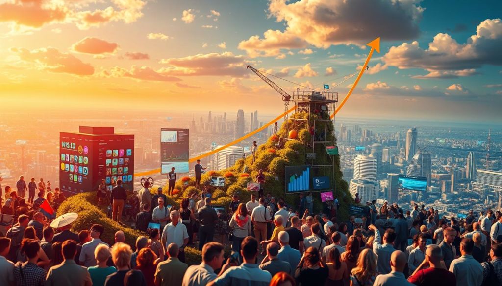 A dynamic and vibrant scene depicting the growth phase of a product life cycle. In the foreground, a flourishing product, its form and features evolving with each iteration, surrounded by a thriving ecosystem of diverse customers, enthusiastic early adopters, and eager market participants. In the middle ground, a backdrop of rapidly expanding market demand, represented by a surge of colorful data visualizations, charts, and metrics charting the product's ascent. In the background, a panoramic view of the industry landscape, filled with competitors, partners, and disruptive forces, all contributing to the dynamic and ever-changing nature of the growth phase. Warm, vibrant lighting casts a sense of optimism and opportunity, while a cinematic wide-angle lens captures the grand scale of this pivotal moment in the product's journey.