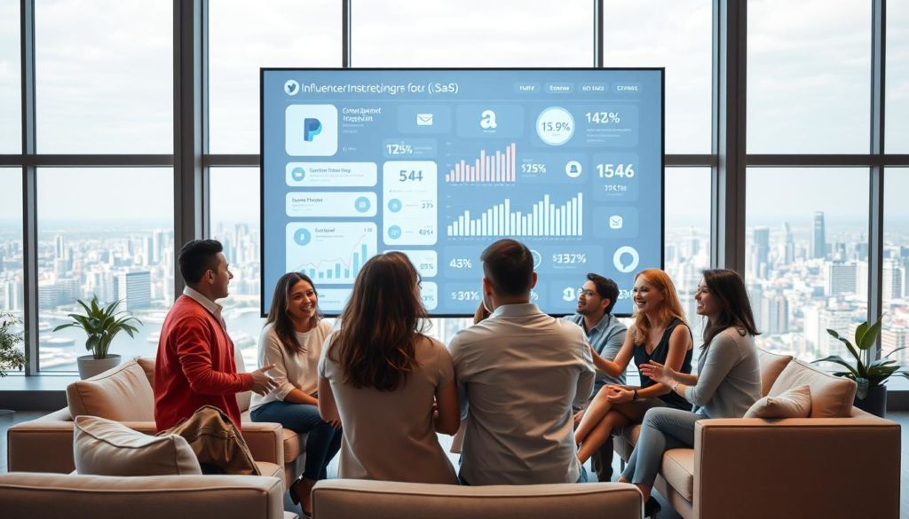 A dynamic and visually captivating image of "marketing de influência para saas". In the foreground, a group of diverse influencers are engaged in a lively discussion, their expressions animated and their gestures expressive. They are positioned against a backdrop of modern office space, with sleek furniture, large windows, and a minimalist color palette. The middle ground features a giant digital screen displaying various social media platforms and engagement metrics, emphasizing the importance of leveraging influencer marketing in the SaaS industry. The screen's crisp, high-resolution display casts a soft, ambient glow across the scene. In the background, a panoramic view of a bustling city skyline can be seen through the large windows, hinting at the global reach and potential of effective influencer marketing strategies for SaaS businesses. The lighting is natural, with a mix of warm and cool tones creating a sense of depth and dimensionality. The camera angle is slightly elevated, giving the viewer a